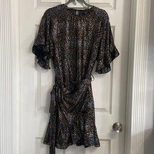 AFRM Mini Ruffle Party Dress Size Medium Black Gold Stars Short Sleeve